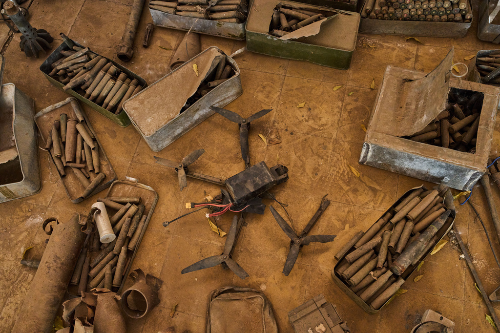 Drone and shell casings lie inside a room at the Sudan National Museum in Khartoum, Sudan, Monday, April 27, 2026. (AP Photo/Bernat Armangue)