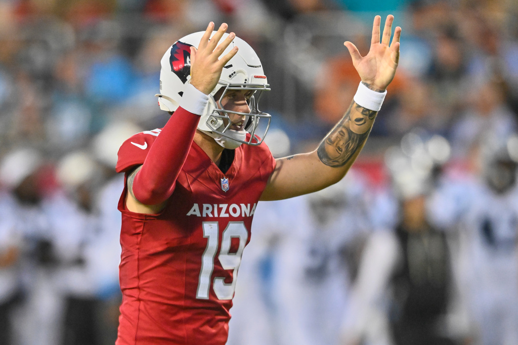 Arizona Cardinals quarterback Carson Beck (19) celebrates the rushing touchdown of teammate Corey Kiner in the first half of the Pro Football Hall of Fame NFL preseason game against the Carolina Panthers in Canton, Ohio, Thursday, Aug. 6, 2026. (AP Photo/David Richard)