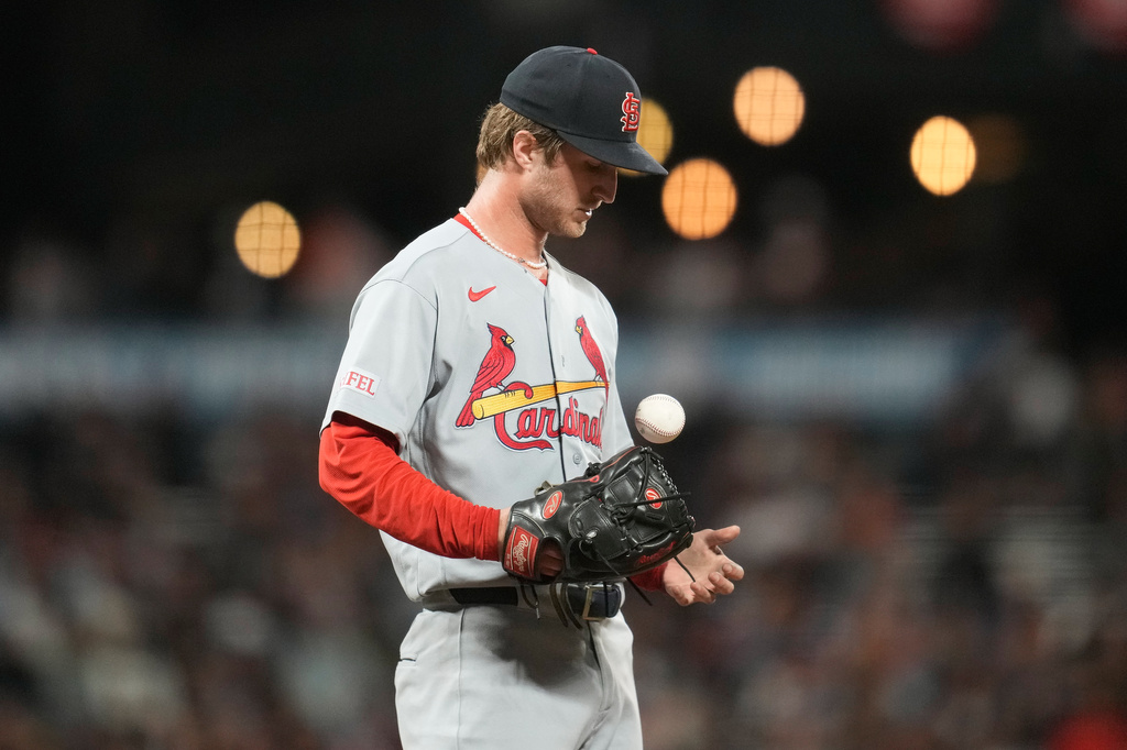 St. Louis Cardinals pitcher Quinn Mathews reacts on the mound after walking San Francisco Giants' Bryce Eldridge during the fifth inning of a baseball game, Tuesday, Sept. 8, 2026, in San Francisco. (AP Photo/Jeff Chiu)
