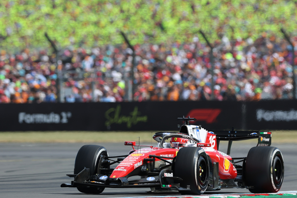 Ferrari driver Charles Leclerc of Monaco steers his car during the British F1 Grand Prix, in Silverstone, England, Sunday, July 5, 2026. (AP Photo/Morgan Harlow)