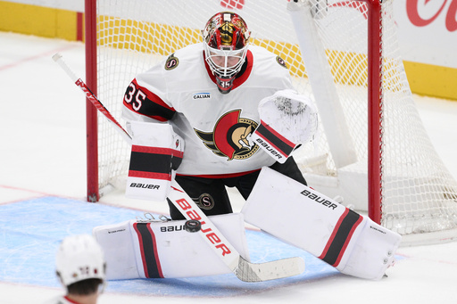 Ottawa Senators goaltender Linus Ullmark (35) stops the puck during the second period of an NHL hockey game against the Washington Capitals, Saturday, Oct. 25, 2025, in Washington. (AP Photo/Nick Wass) Ottawa Senators goaltender Linus Ullmark (35) stops the puck during the second period of an NHL hockey game against the Washington Capitals, Saturday, Oct. 25, 2025, in Washington. (AP Photo/Nick Wass)