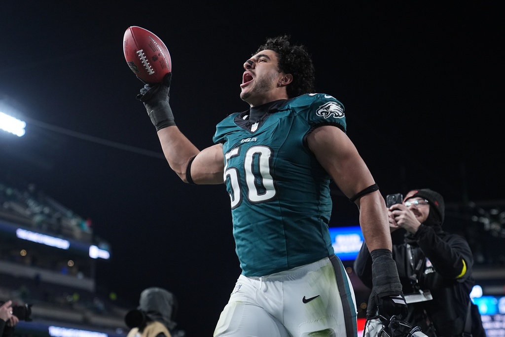 Philadelphia Eagles linebacker Jaelan Phillips celebrates after an NFL football game against the Detroit Lions on Sunday, Nov. 16, 2025, in Philadelphia. (AP Photo/Matt Rourke)