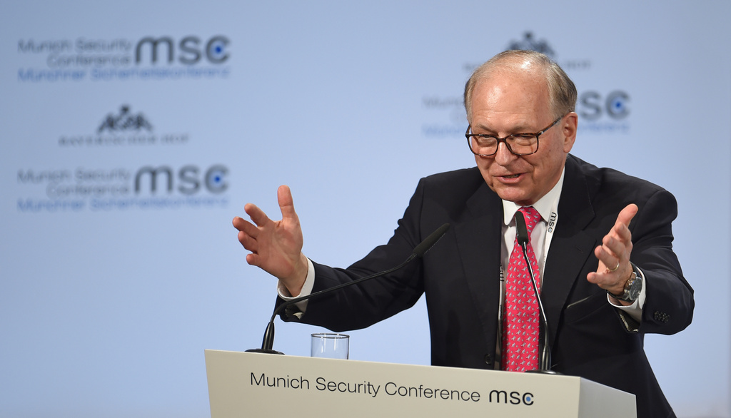 FILE - Chairman of the conference, Wolfgang Ischinger, speaks at the Security Conference in Munich, Germany, Saturday, Feb. 17, 2018. (Andreas Gebert/dpa via AP, File)