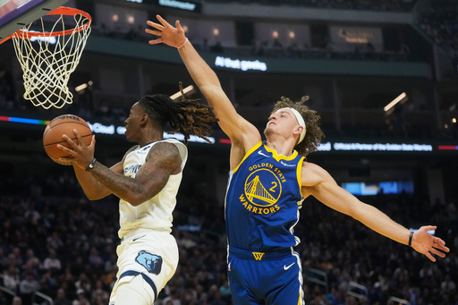 Memphis Grizzlies guard Javon Small, left, shoots against Golden State Warriors guard Brandin Podziemski (2) during the first half of an NBA basketball game in San Francisco, Monday, Oct. 27, 2025. (AP Photo/Jeff Chiu) Memphis Grizzlies guard Javon Small, left, shoots against Golden State Warriors guard Brandin Podziemski (2) during the first half of an NBA basketball game in San Francisco, Monday, Oct. 27, 2025. (AP Photo/Jeff Chiu)
