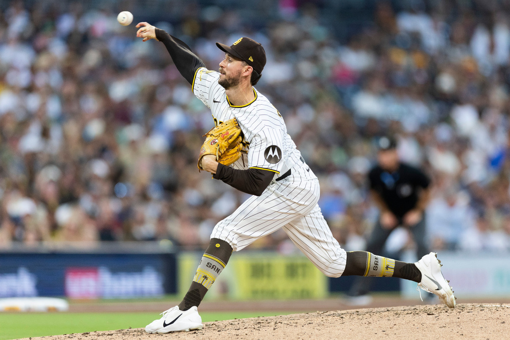 San Diego Padres pitcher Griffin Canning works against a Minnesota Twins batter in the fifth inning of a baseball game Twins Saturday, Aug. 22, 2026, in San Diego, Calif. (AP Photo/Karl Anderson)