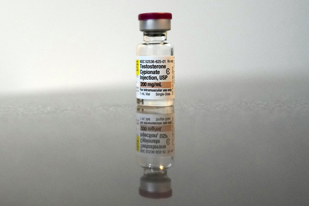 FILE - A vial of testosterone cypionate in Columbus, Ohio, on Jan. 18, 2024. (AP Photo/Carolyn Kaster, File)