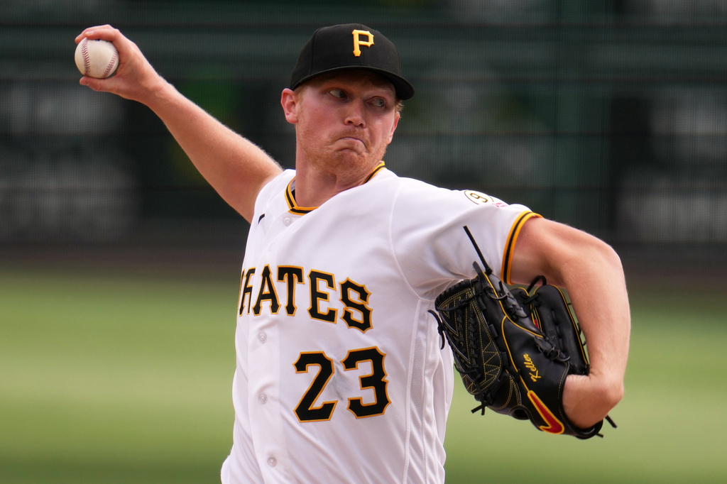 Pittsburgh Pirates pitcher Mitch Keller delivers during the second inning of a baseball game against the Baltimore Orioles in Pittsburgh, Friday, April 3, 2026. (AP Photo/Gene J. Puskar)