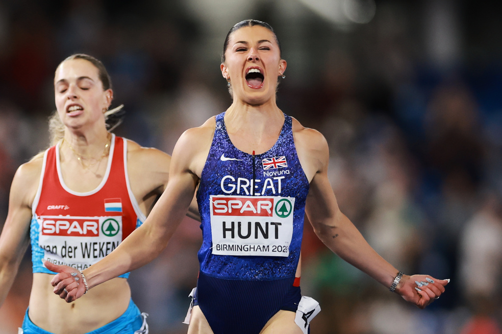 Britain's Amy Hunt reacts after crossing the finish line to win the women's 100 meters final at the European Athletics Championships in Birmingham, England, Monday, Aug. 10, 2026. (AP Photo/Morgan Harlow)