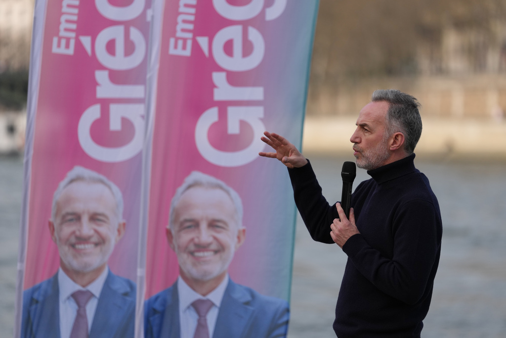 French socialist candidate for Paris mayoral election Emmanuel Gregoire speaks during a campaign meeting, in Paris, France, Saturday, March 7, 2026. (AP Photo/Thibault Camus)