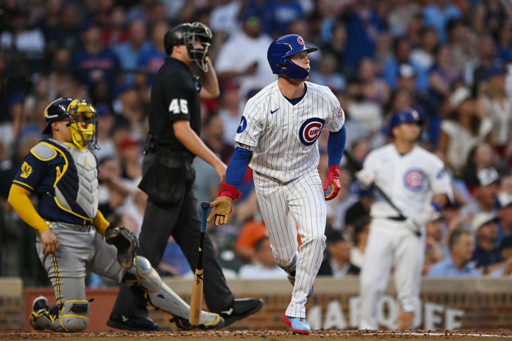 Chicago Cubs' Pete Crow-Armstrong watches his two-run home run during the third inning of a baseball game against the Milwaukee Brewers in Chicago, Thursday, Sept. 3, 2026. (AP Photo/Paul Beaty)