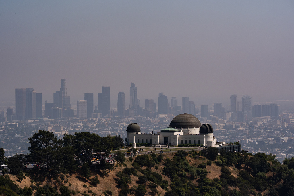 The Griffith Observatory is seen against the backdrop of a hazy Los Angeles skyline, May 8, 2026. (AP Photo/Jae C. Hong)
