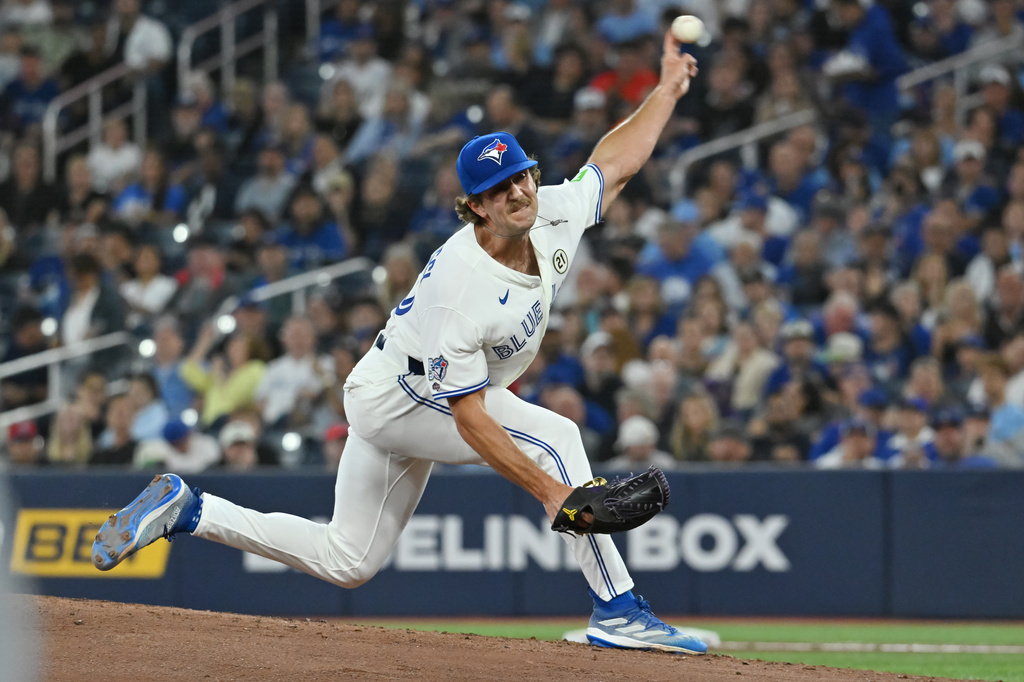 Toronto Blue Jays pitcher Brendan Cellucci (70) throws to a Detroit Tigers batter in his major league debut during the second inning of a baseball game in Toronto, Tuesday, Sept. 15, 2026. (Jon Blacker/The Canadian Press via AP)