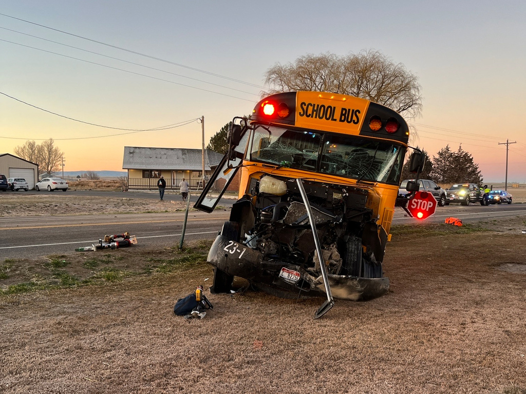 In this photo released by the Idaho State Police, a school bus sits damaged after colliding with another school bus, Monday, Dec. 125, 2025, in Paul, Idaho. (Idaho State Police via AP)