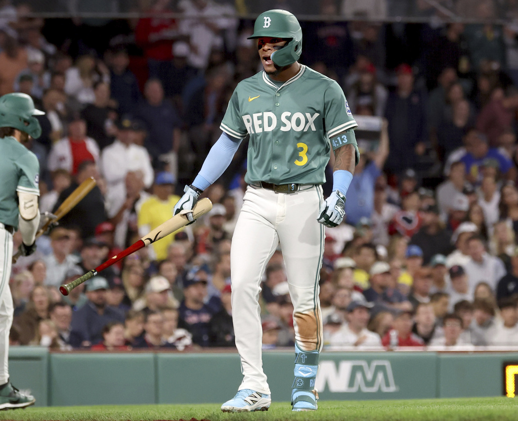 Boston Red Sox's Ceddanne Rafaela reacts after striking out during the fifth inning of a baseball game against the New York Yankees, Friday, Sept. 12, 2025, in Boston. (AP Photo/Mark Stockwell)