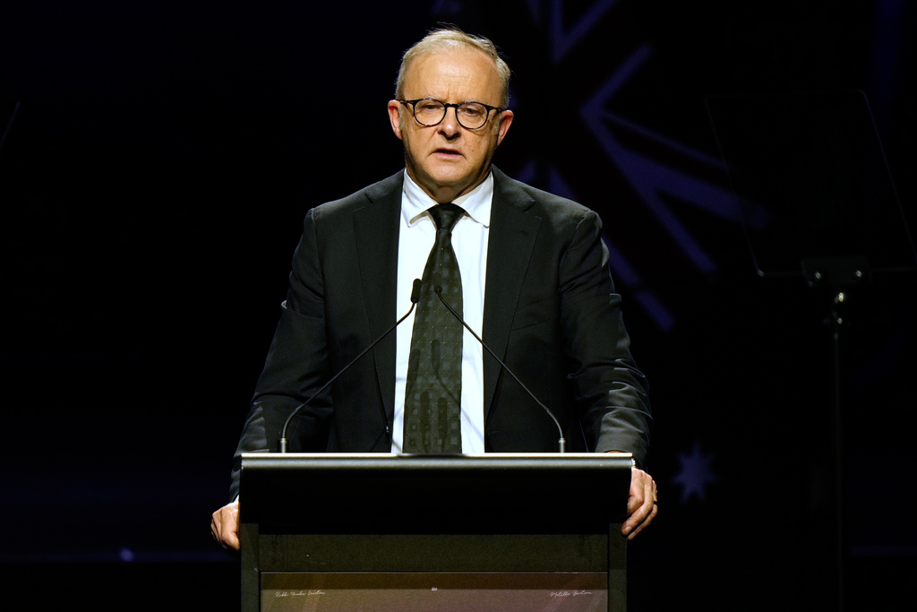 Australian Prime Minister Anthony Albanese speaks during a National Day of Mourning event at the Sydney Opera House in Sydney, Thursday, Jan. 22, 2026, in remembrance of the 15 people shot dead at a Jewish festival in Sydney last month. (AP Photo/Rick Rycroft)