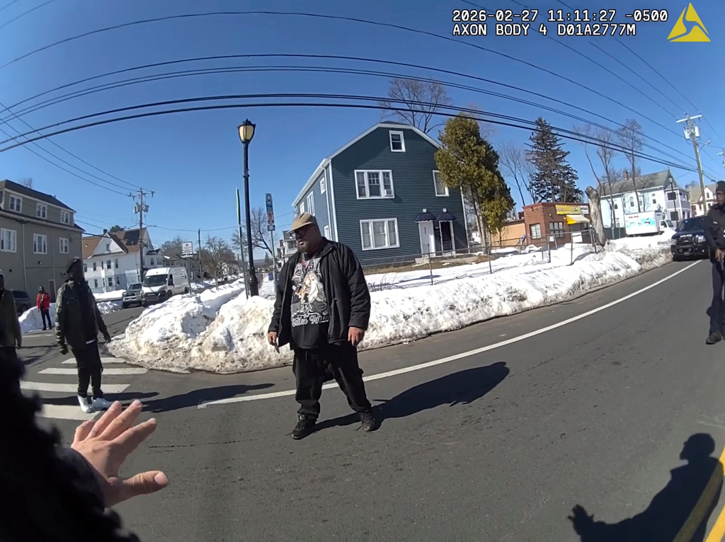 This photo taken from Hartford Police body camera video shows Steven Jones as police officers talk to him, Friday, Feb. 27, 2026 in Hartford, Conn. (Hartford Police Department via AP)