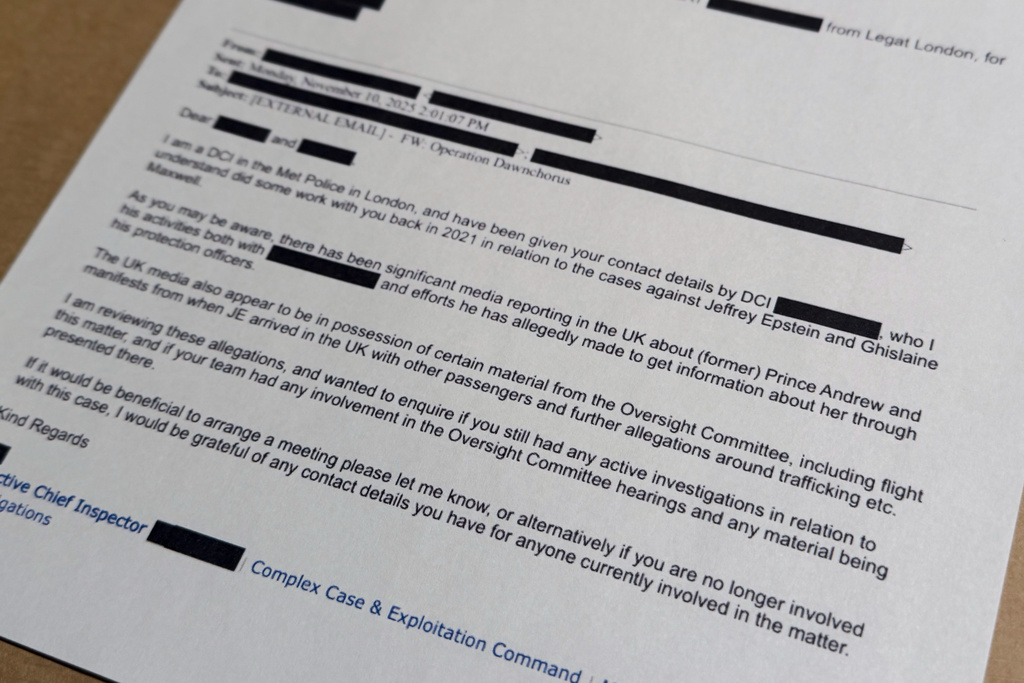 An email that was included in the U.S. Department of Justice release of the Jeffrey Epstein files is photographed Monday, Dec. 22, 2025. (AP Photo/Jon Elswick)