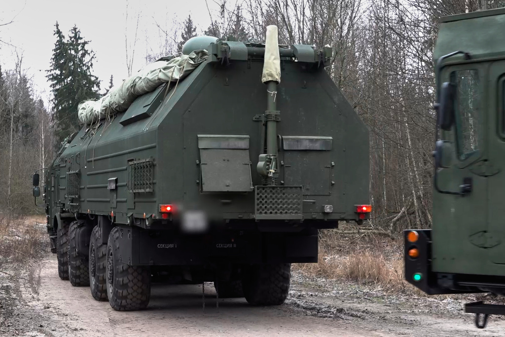 In this image made from video provided by Russian Defense Ministry Press Service on Monday, Dec. 29, 2025, A Russia's Oreshnik missile system is seen during a training in an undisclosed location in Belarus. (Russian Defense Ministry Press Service via AP)