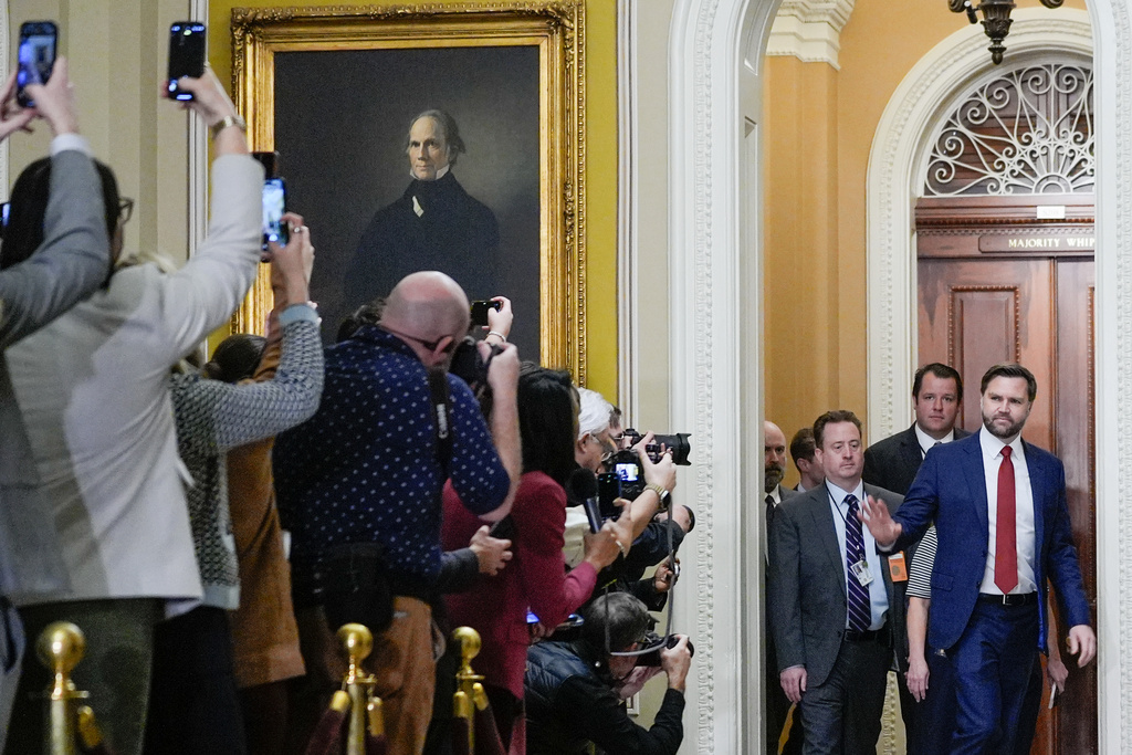 Vice President JD Vance arrives for a Senate Republican Conference luncheon at the U.S. Capitol Tuesday, Oct. 28, 2025, in Washington. (AP Photo/Mariam Zuhaib)