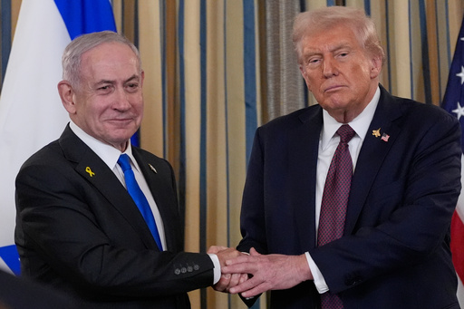 Israel's Prime Minister Benjamin Netanyahu shakes hands with President Donald Trump after a news conference in the State Dining Room of the White House, Monday, Sept. 29, 2025, in Washington. (AP Photo/Alex Brandon) Israel's Prime Minister Benjamin Netanyahu shakes hands with President Donald Trump after a news conference in the State Dining Room of the White House, Monday, Sept. 29, 2025, in Washington. (AP Photo/Alex Brandon)