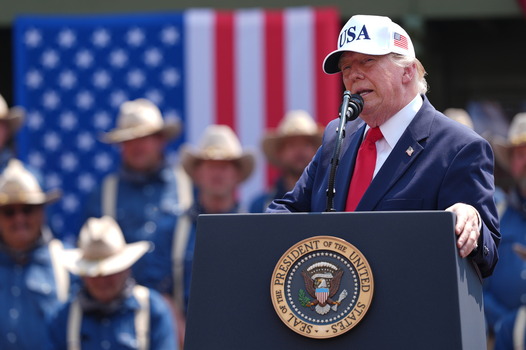 President Donald Trump speaks at Burning Hills Amphitheatre during the Theodore Roosevelt Presidential Library opening ceremony, Wednesday, July 1, 2026, in Medora, N.D. (AP Photo/Julia Demaree Nikhinson)