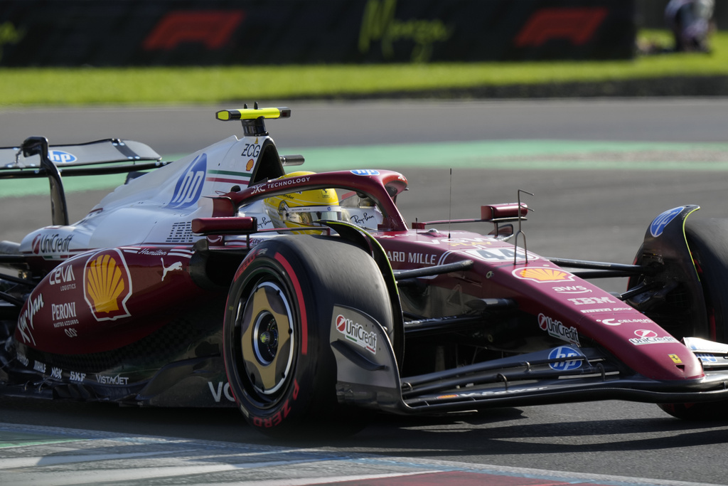 Ferrari driver Lewis Hamilton of Britain steers his car during the qualifying session ahead of the Italian Grand Prix at the Monza racetrack in Monza, Italy, Saturday, Sept. 6, 2025. (AP Photo/Luca Bruno)