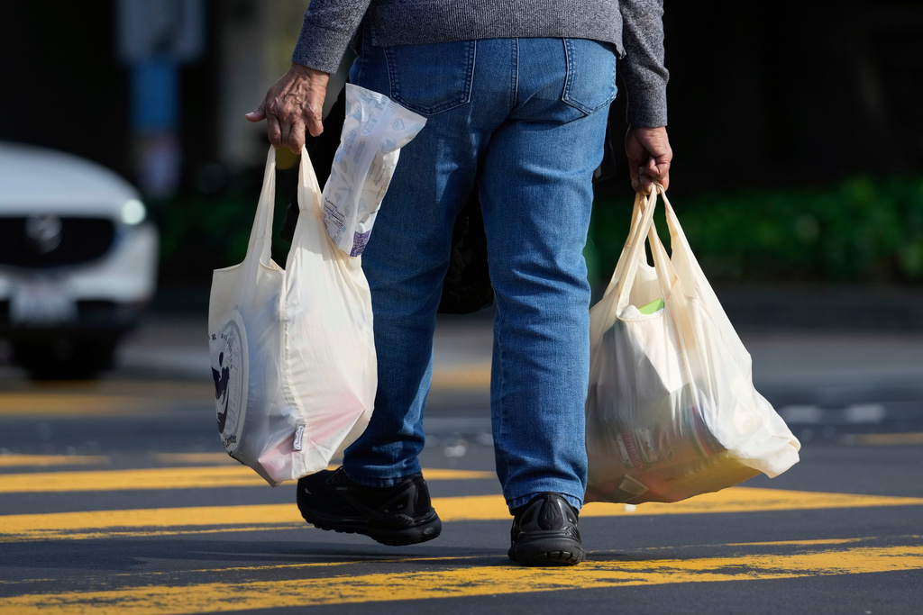 FILE - A person carries groceries Feb. 28, 2025, in Oakland, Calif. (AP Photo/Godofredo A. Vásquez, File)
