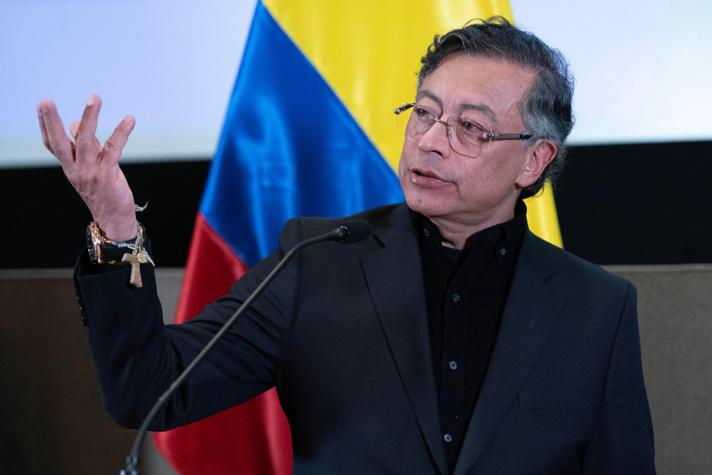 Colombia's President Gustavo Petro speaks during a news conference at the Colombian embassy in Washington, Tuesday, Feb. 3, 2026. (AP Photo/Jose Luis Magana)