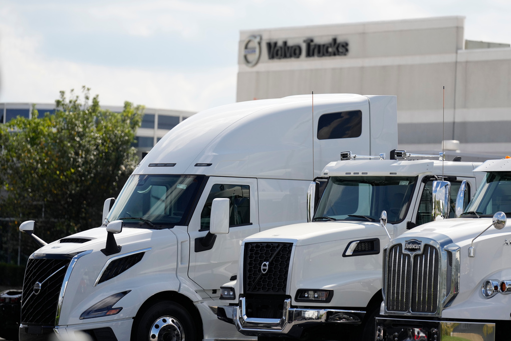 Volvo trucka are seen at a dealership Friday, Sept. 26, 2025, in LaVergne, Tenn. (AP Photo/George Walker IV)