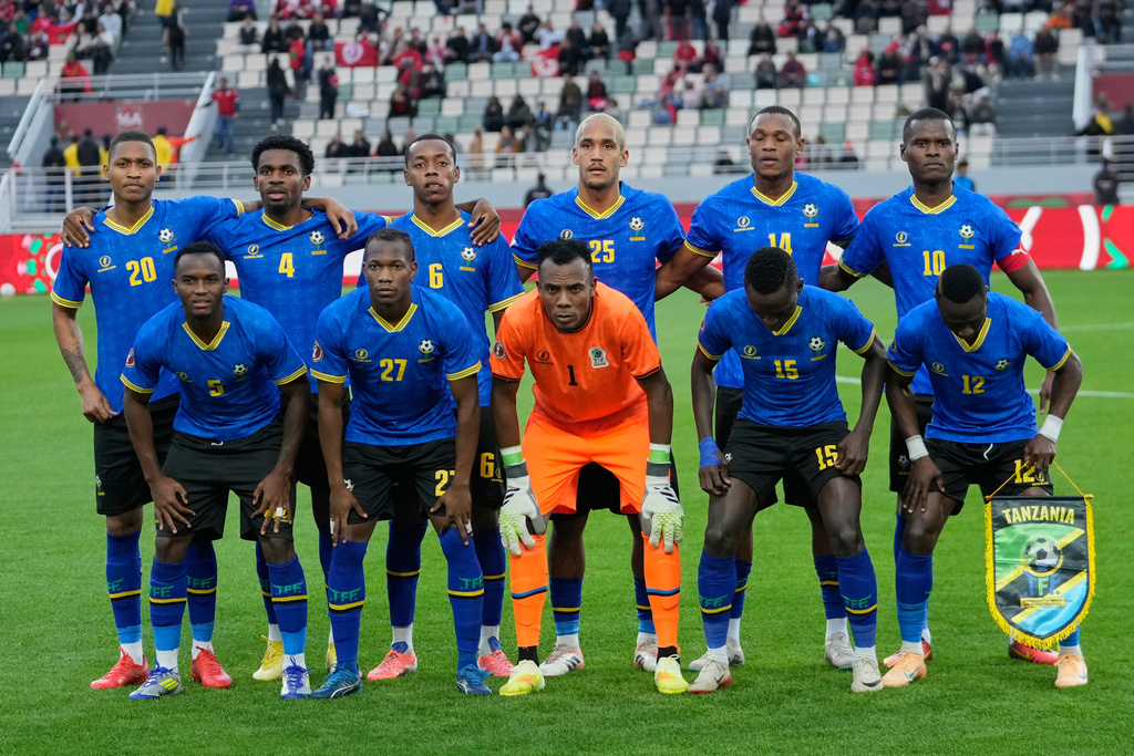 Tanzania's players pose before the Africa Cup of Nations group C soccer match between Tanzania and Tunisia in Rabat, Morocco, Tuesday, Dec. 30, 2025. (AP Photo/Mosa'ab Elshamy)