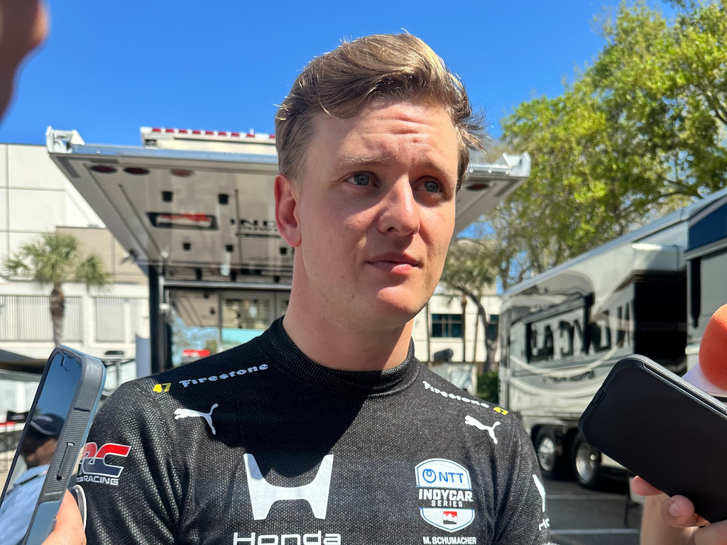 Mick Schumacher is pictured at the IndyCar race Sunday, March 1, 2026, in St. Petersburg, Fla., after he was involved in a crash on the first lap of the season-opening race. (AP Photo/Jenna Fryer)