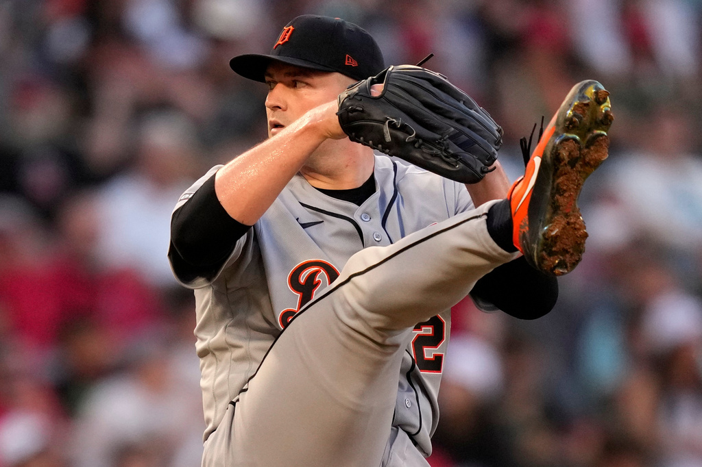 Detroit Tigers starting pitcher Tarik Skubal throws to the plate during the second inning of a baseball game against the Los Angeles Angels, Saturday, July 18, 2026, in Anaheim, Calif. (AP Photo/Mark J. Terrill)