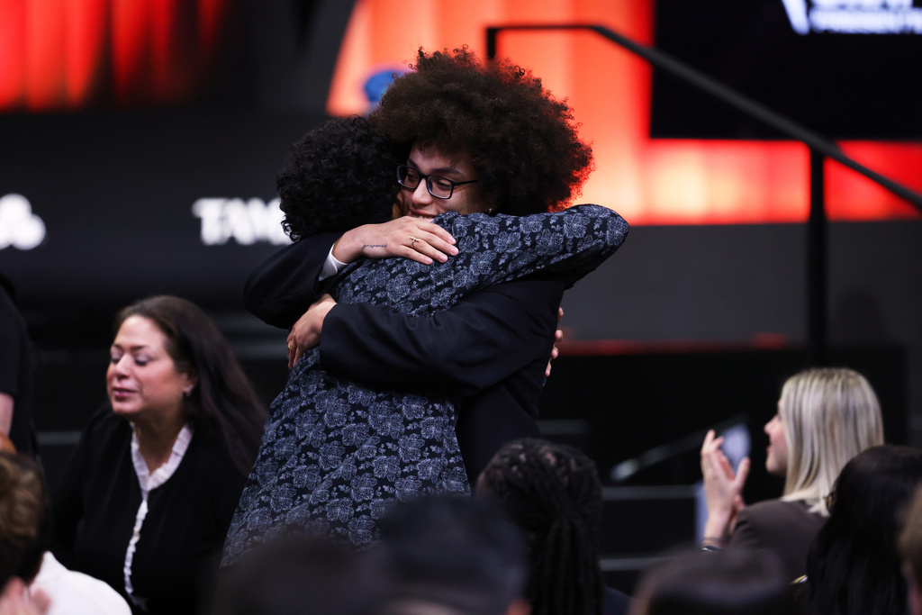 Texas Christian guard Olivia Miles reacts after being selected second overall by the Minnesota Lynx in the first round of the WNBA basketball draft Monday, April 13, 2026, in New York. (AP Photo/Pamela Smith)