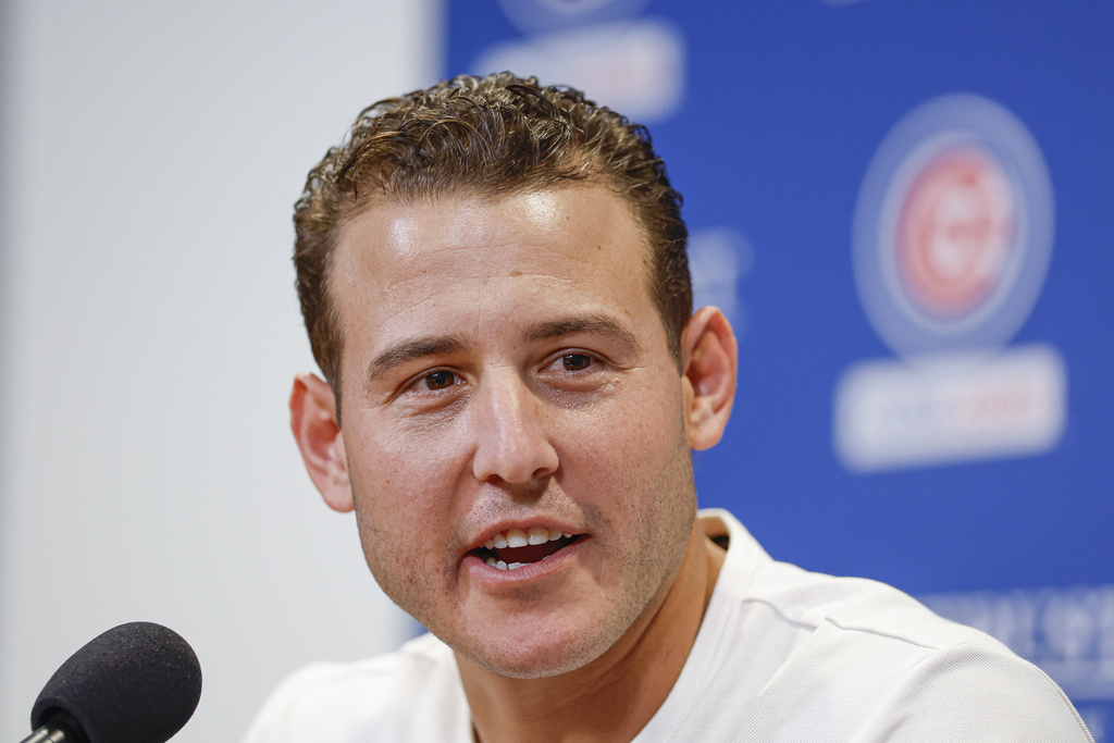 Former Chicago Cubs player Anthony Rizzo speaks during a press conference before a baseball game between the Chicago Cubs and Tampa Bay Rays, Saturday, Sept. 13, 2025, in Chicago. (AP Photo/Kamil Krzaczynski)