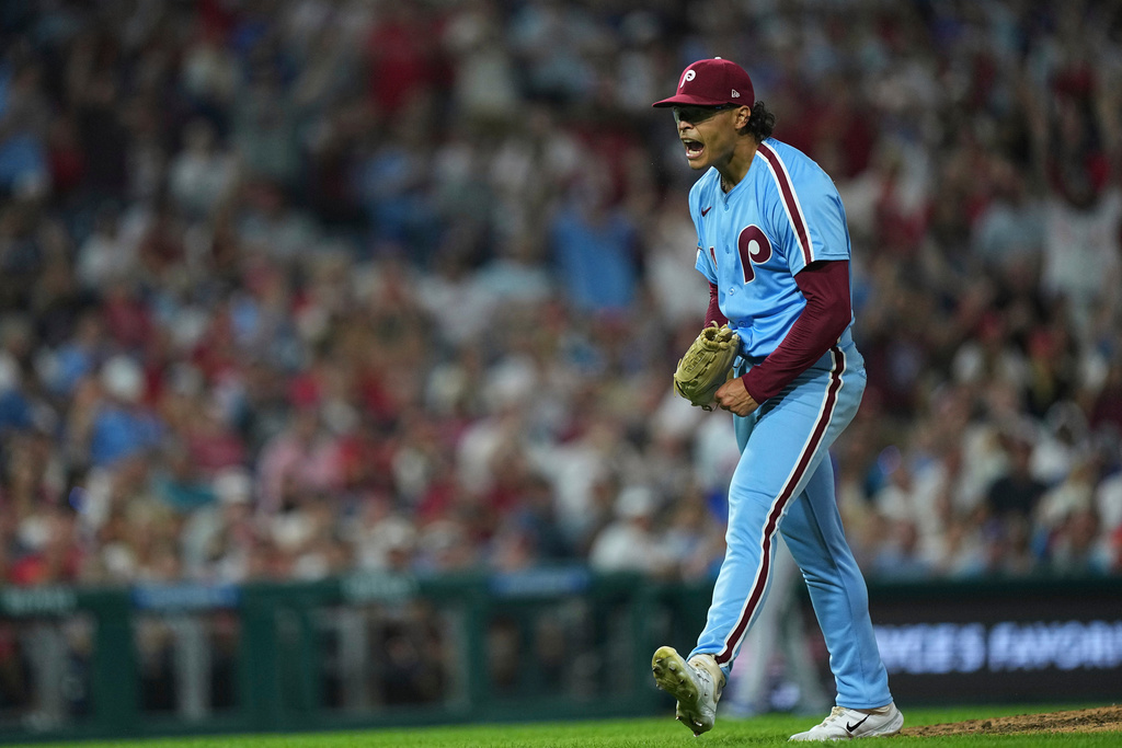 Philadelphia Phillies pitcher Jesús Luzardo reacts after completing the eighth inning of a baseball game against the New York Mets, Thursday, Sept. 11, 2025, in Philadelphia. (AP Photo/Matt Rourke)
