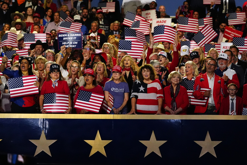 People listen as President Donald Trump speaks at the Republican convention, Wednesday, Sept. 9, 2026, in Dallas. (AP Photo/Julia Demaree Nikhinson)