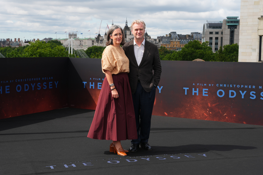Producer Emma Thomas, left, and director Christopher Nolan pose for photographers upon arrival at the photo call for the film 'The Odyssey' on Sunday, July 5, 2026, in London. (Photo by Scott A Garfitt/Invision/AP)