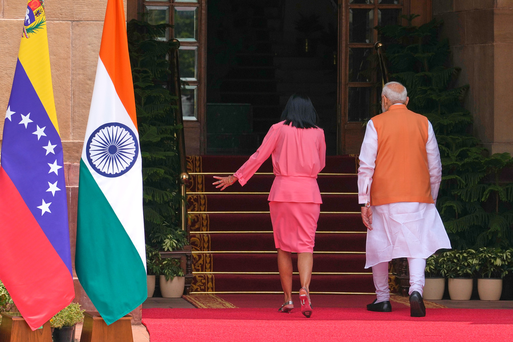 Indian Prime Minister Narendra Modi, right, walks with Venezuela's acting President Delcy Rodriguez for a delegation level meeting in New Delhi, India, Thursday, June 4, 2026. (AP Photo/Manish Swarup)