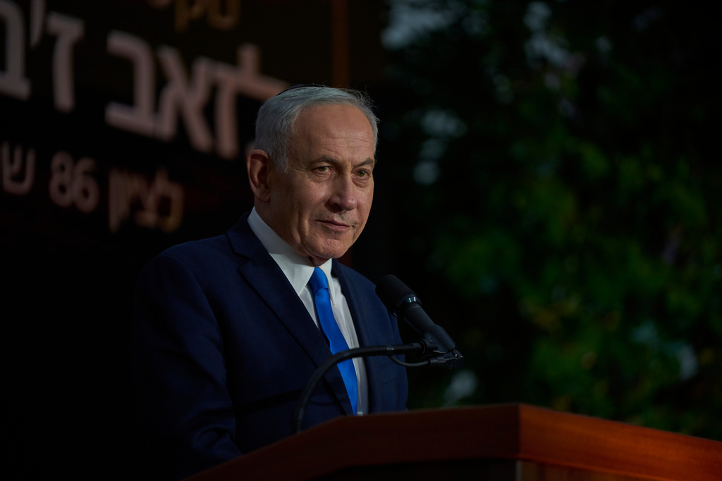 Israeli Prime Minister Benjamin Netanyahu speaks at the state memorial for Ze'ev Jabotinsky, at Mount Herzl Military Cemetery in Jerusalem, Tuesday, July 14, 2026. (AP Photo/Ohad Zwigenberg)