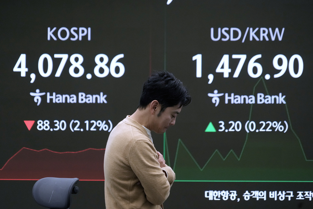 A currency trader passes by a screen showing the Korea Composite Stock Price Index (KOSPI), left, and the foreign exchange rate between U.S. dollar and South Korean won at the foreign exchange dealing room of the Hana Bank headquarters in Seoul, South Korea, Monday, Dec. 15, 2025. (AP Photo/Ahn Young-joon)