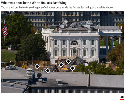 The graphic above is a preview image of an interactive that reveals historic imagery from the White House East Wing. (AP Digital Embed) The graphic above is a preview image of an interactive that reveals historic imagery from the White House East Wing. (AP Digital Embed)