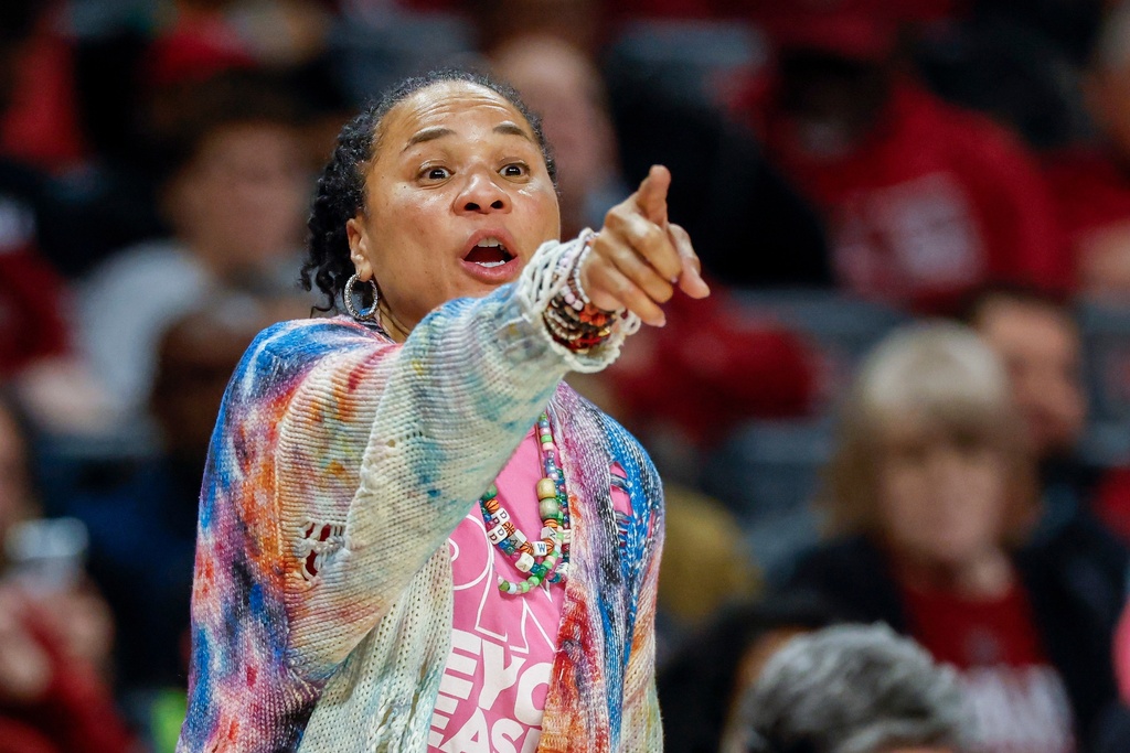 South Carolina head coach Dawn Staley directs her team during the second half of an NCAA college basketball game against Mississippi State in Columbia, S.C., Thursday, Feb. 5, 2026. (AP Photo/Nell Redmond)