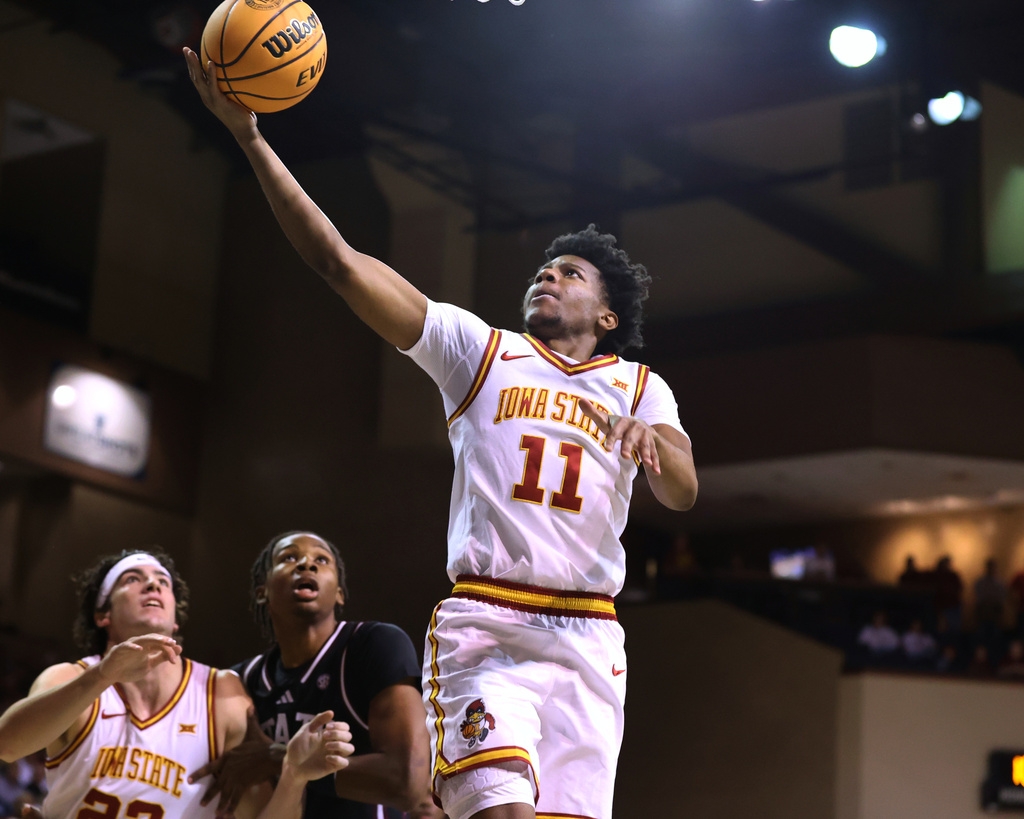 Iowa State guard Dominick Nelson (11) goes to the basket during the first half of an NCAA college basketball game against Mississippi State, Monday, Nov. 10, 2025, in Sioux Falls, S.D. (AP Photo/Josh Jurgens)