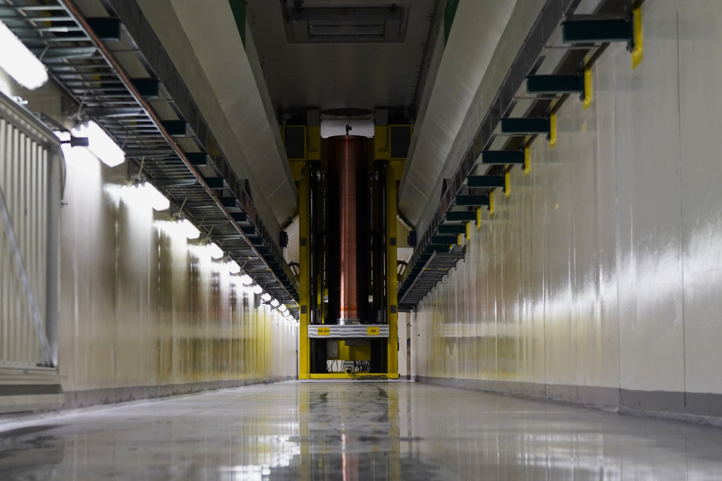 A trial copper casing is placed at Posiva's encapsulation plant on the island of Olkiluoto, Finland, Tuesday, Feb. 24, 2026. (AP Photo/James Brooks)