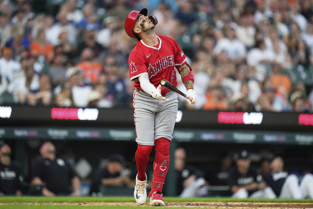 Los Angeles Angels' Zach Neto watches his popout during the sixth inning of a baseball game against the Detroit Tigers, Saturday, Aug. 9, 2025, in Detroit. (AP Photo/Ryan Sun)