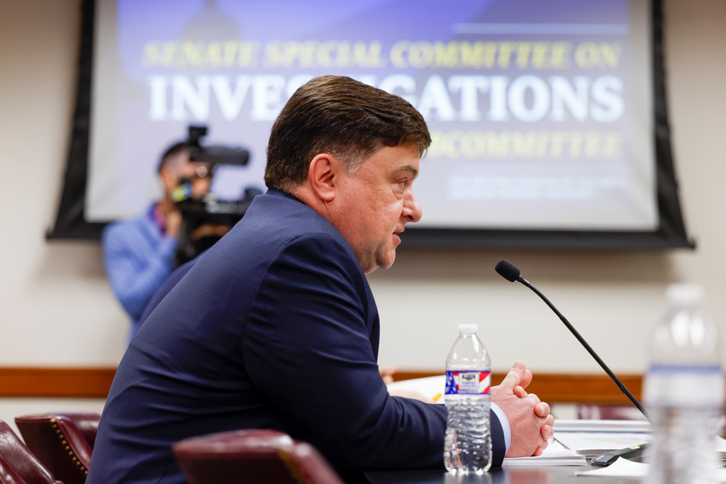 Jeff DiSantis, aide to Fulton County District Attorney Fani Willis, testifies in front of the Senate Special Committee on Investigations Subcommittee at the Capitol in Atlanta, Friday, March 13, 2026. (Arvin Temkar/Atlanta Journal-Constitution via AP)