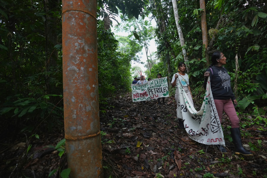 A group of Indigenous women from across Ecuador's Amazon walk near a support beam for an oil pipeline as they travel through the region on what activists call a toxitour visiting oil fields in Sucumbios, Ecuador, Friday, March 6, 2026. (AP Photo/Dolores Ochoa).