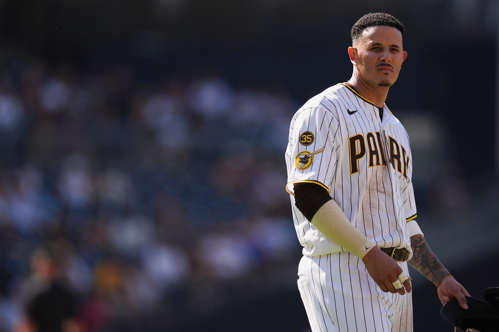 San Diego Padres third baseman Manny Machado looks on at the end of the eighth inning of a baseball game against the Pittsburgh Pirates Wednesday, Aug. 26, 2026, in San Diego. (AP Photo/Gregory Bull)
