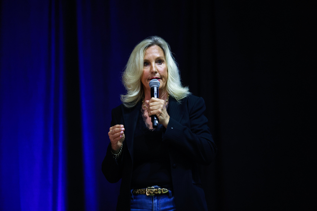 Environmental activist Erin Brockovich speaks at a town hall about PFAS chemicals in Rome, Ga., on March 31, 2026. (Arvin Temkar/Atlanta Journal-Constitution via AP)