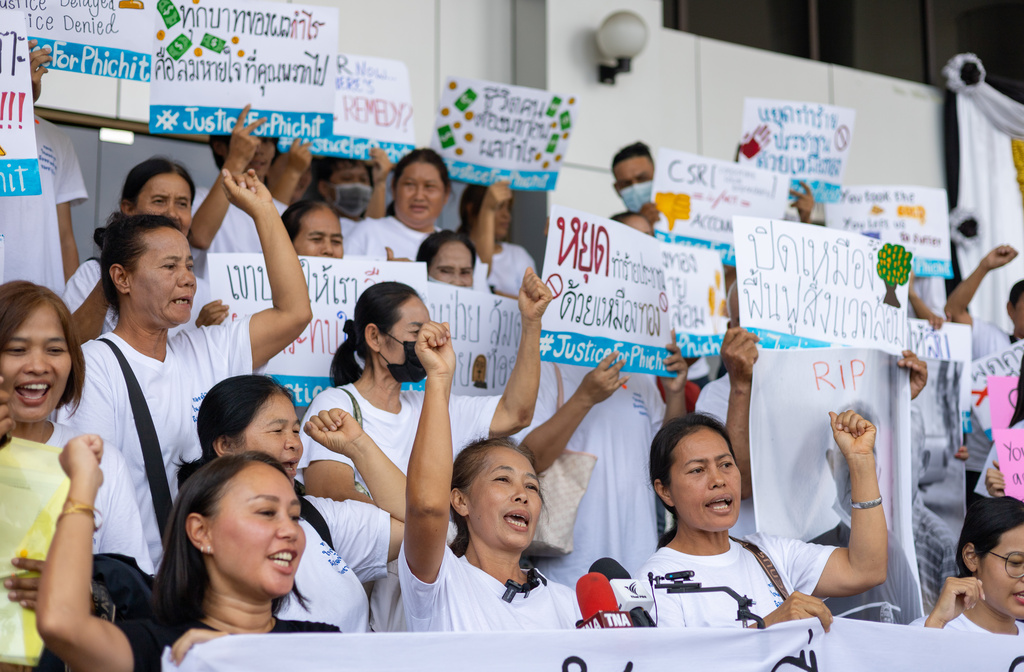 Plaintiffs and supporters in a case against Thailand's largest gold mine cheer in front of the Bangkok Civil Court in Bangkok, Thailand, on Tuesday, March 24, 2026. The sign with the trees on the right reads, "Close the mine, restore the environment". (AP Photo/Anton L. Delgado)